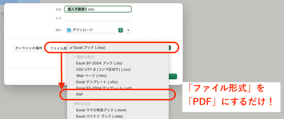 「ファイル形式」を「Excelブック」から「PDF」へ変更